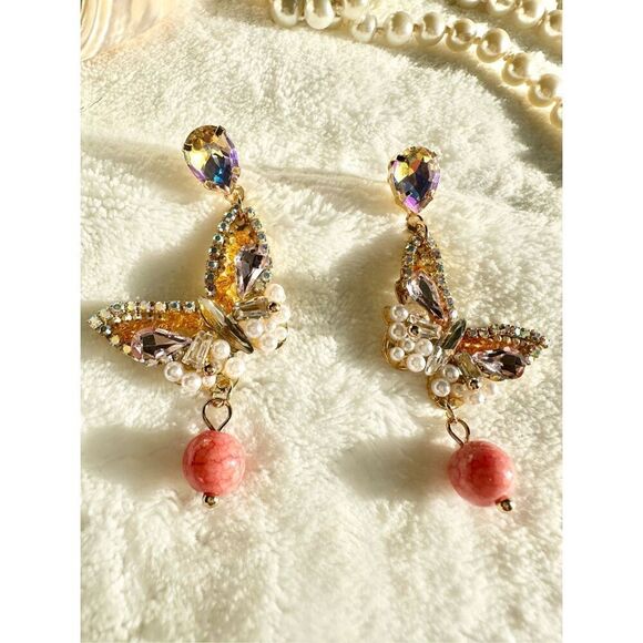 Orange color beaded and iridescent butterfly dangle earrings ￼ - Picture 3 of 3